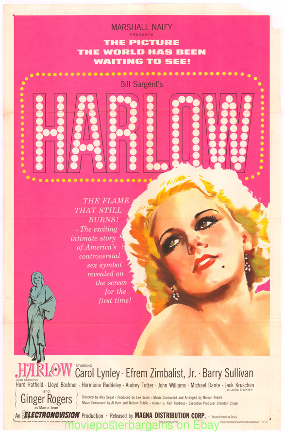 HARLOW MOVIE POSTER Linenbacked 27x41 V.Fine 1965 CAROL LYNLEY AS JEAN ...