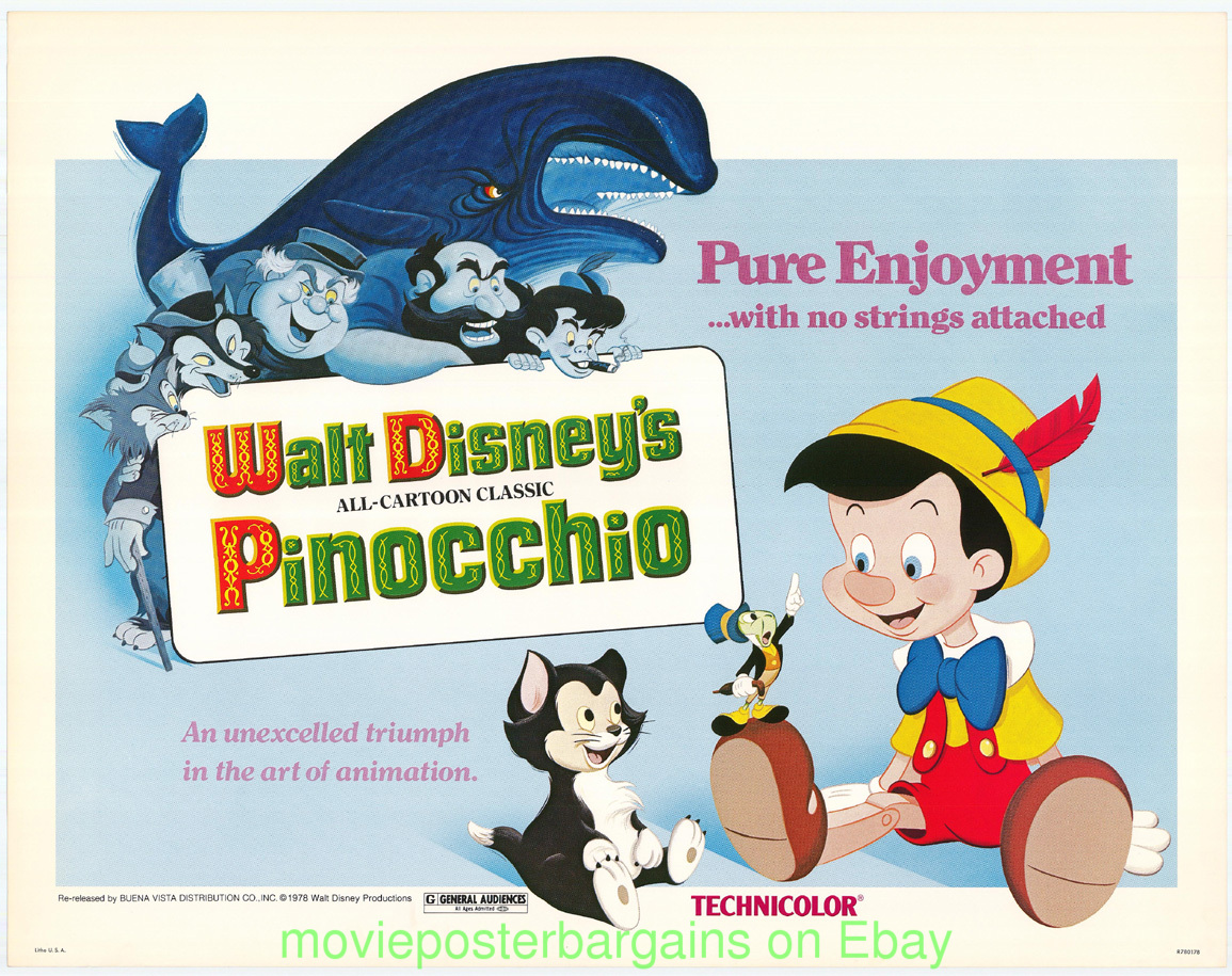 PINOCCHIO MOVIE POSTER ORIGINAL 22x28 Inch R1978 HALF SHEET DISNEY