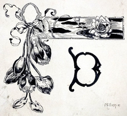 ANTIQUE Vintage 1890's ART NOUVEAU Sketch Ink Drawing 