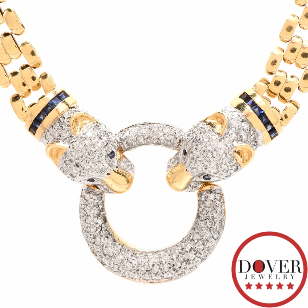 Italian Diamond 3.70ct Sapphire 14K Gold Panther Link Necklace 49.9