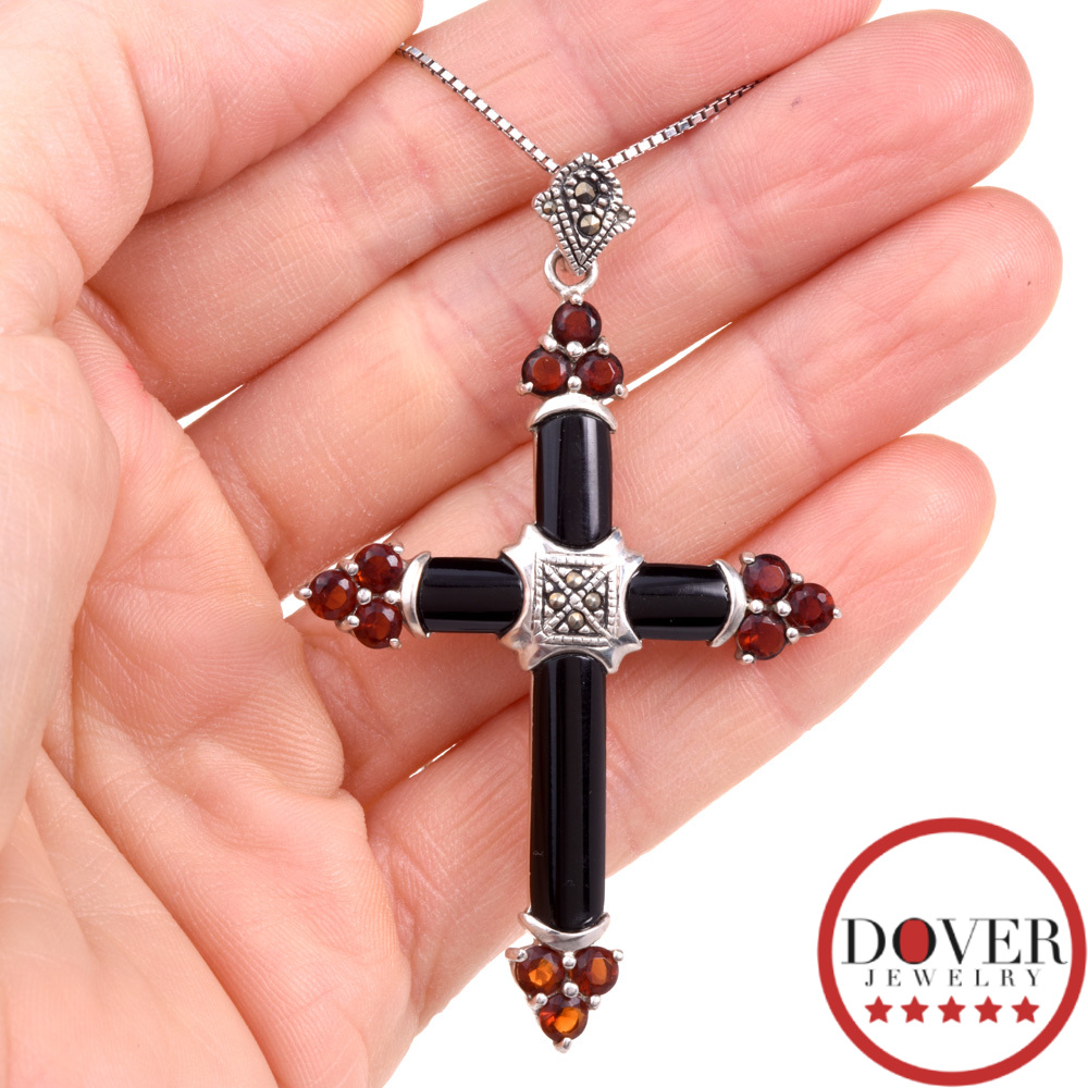 Estate Garnet Onyx Marcasite Sterling Silver Large Cross Pendant 7.9 ...