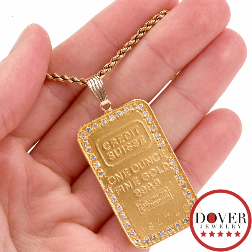 Credit Suisse Diamond 24K Fine Gold 1 Ounce Ingot Pendant 29.5 Grams NR