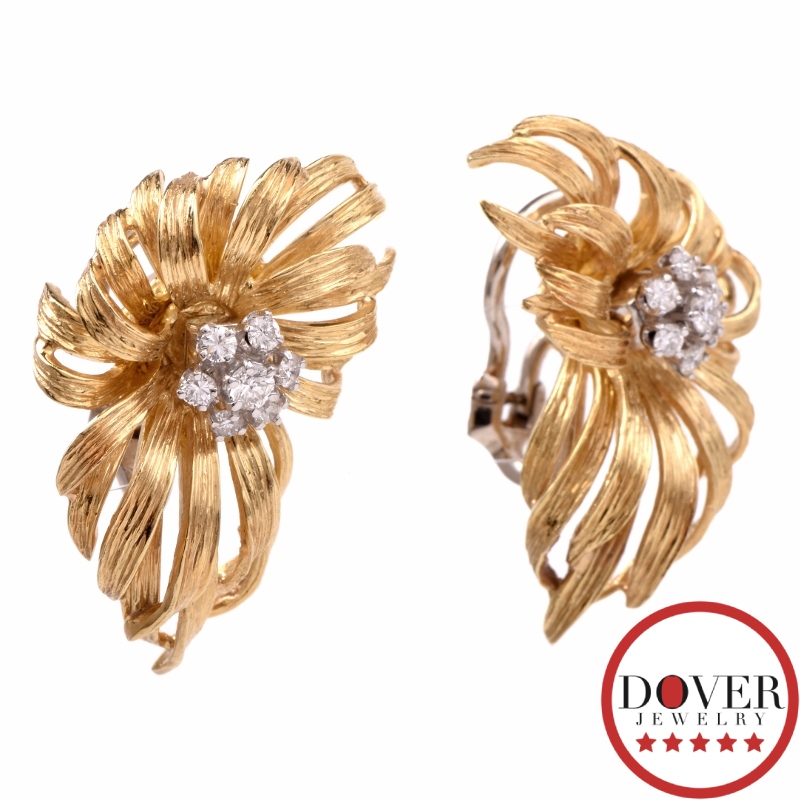 Vintage 0.85ct Diamond 18K Gold Floral Motif French Earrings 20.3 Grams ...