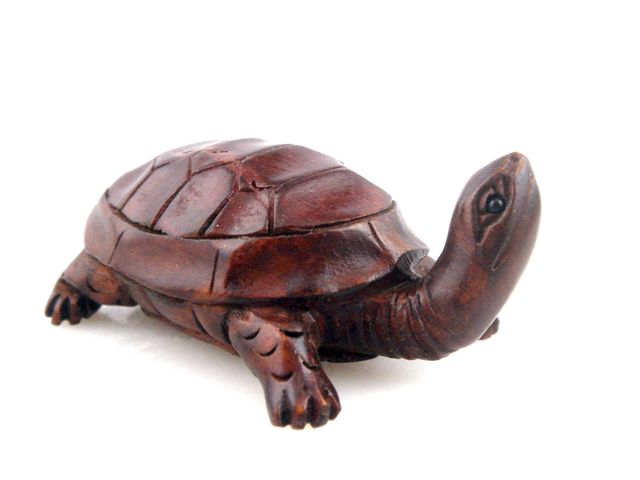 Boxwood Hand Carved Japanese Netsuke Sculpture Lovely Turtle Looks Up