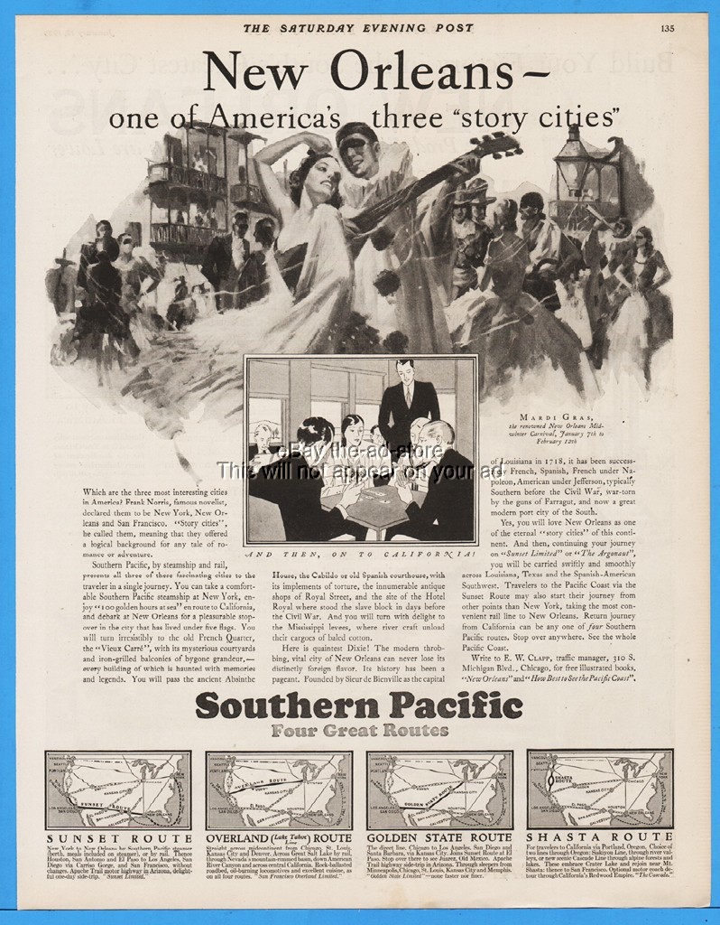 1929 Southern Pacific Railroad New Orleans AMAZING Mardi Gras Art Train Ad