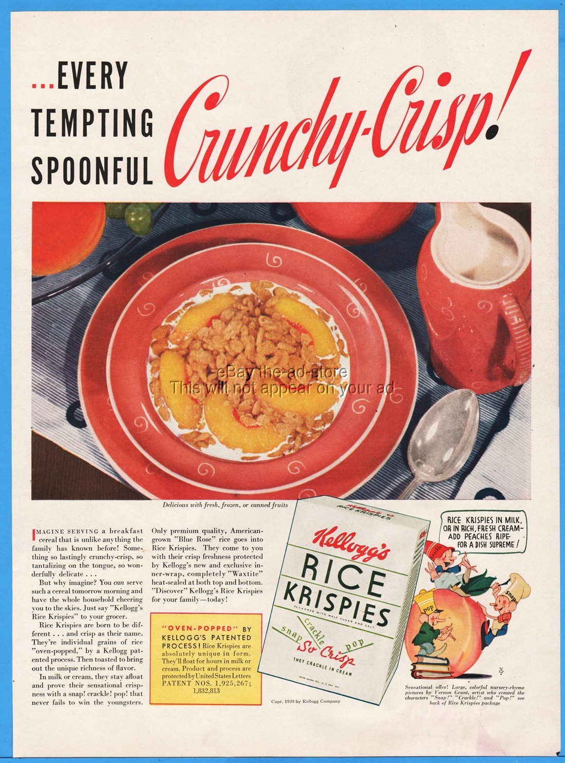 1939 Kellogg’s Rice Krispies Cereal Vernon Grant Snap Crackle & Pop Breakfast Ad