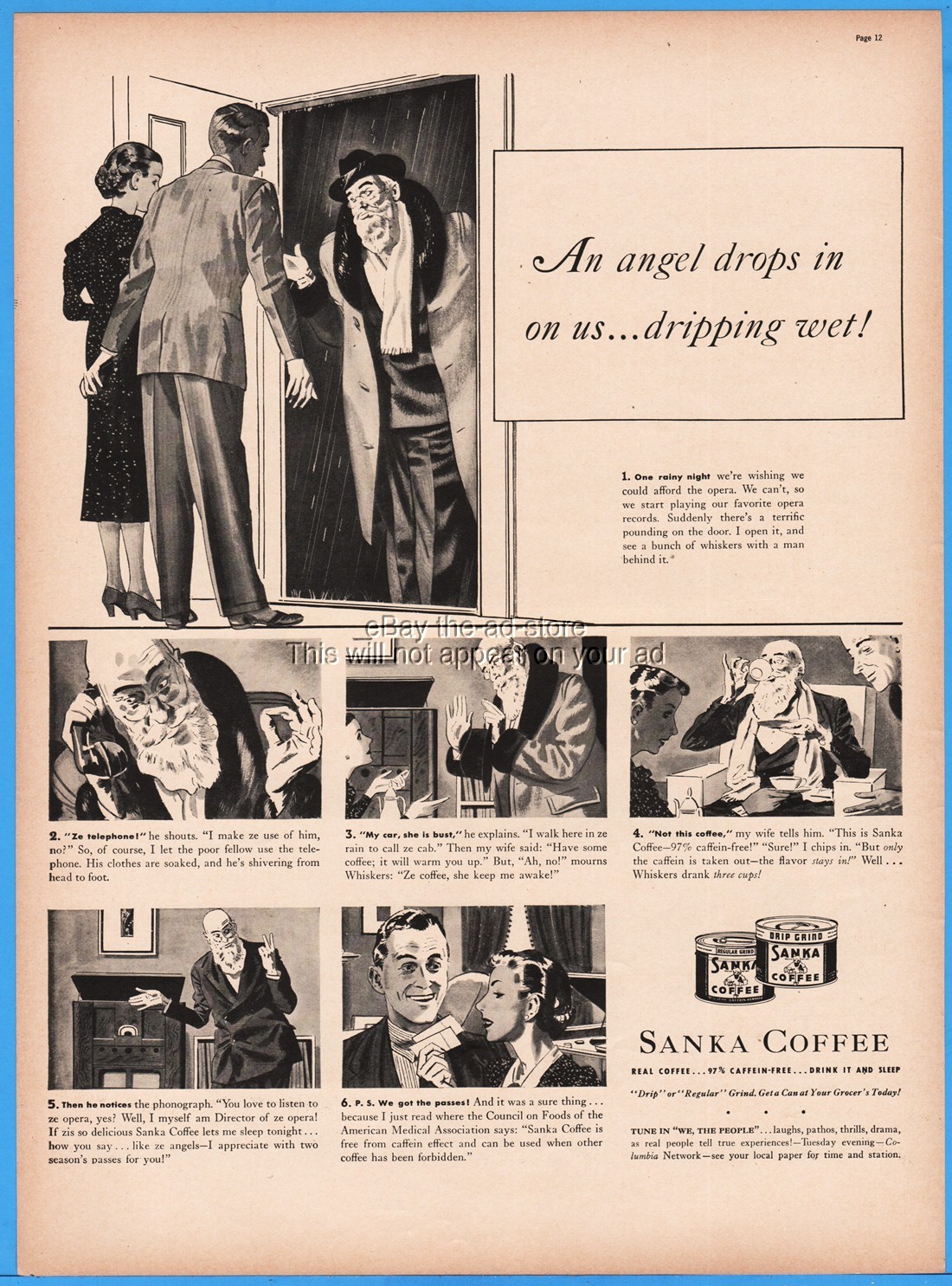 1939 Sanka Coffee An Angel Drops in on Us Opera Vintage 1930’s Kitchen Décor Ad