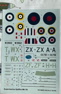 TECHMOD 1/72-SCALE DECALS #72016 SUPERMARINE SPITFIRE Mk.Vb WW2