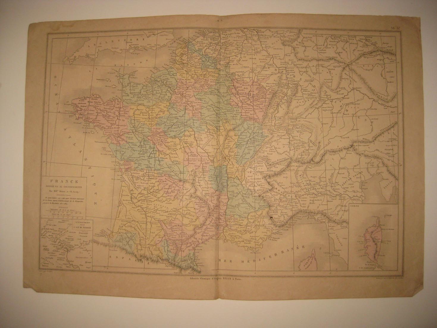 SUPERB ANTIQUE 1875 FRANCE 32 DEPARTMENTS HANDCOLORED FRENCH MAP