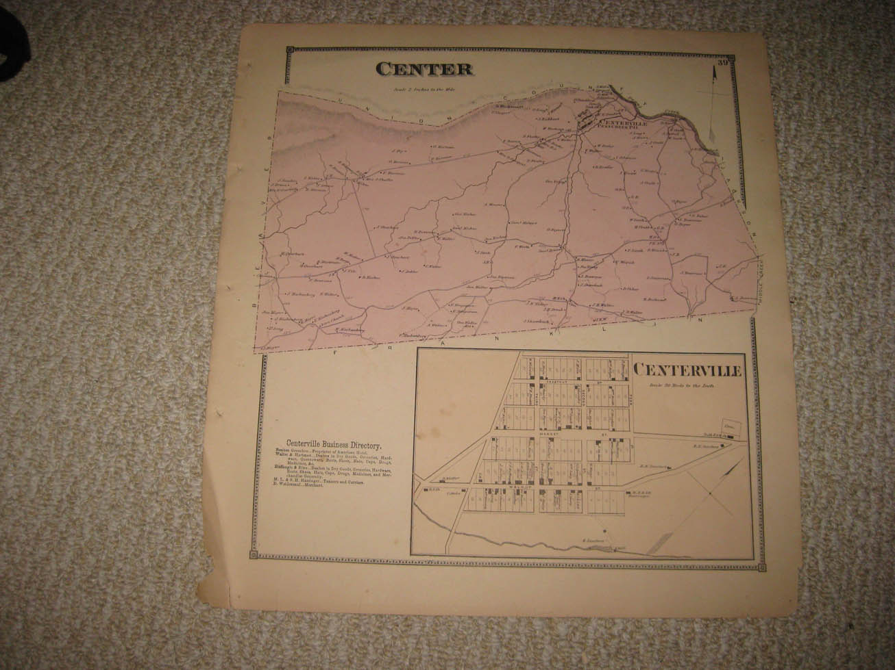 ANTIQUE 1868 CENTER TOWNSHIP CENTERVILLE SNYDER COUNTY PENNSYLVANIA MAP