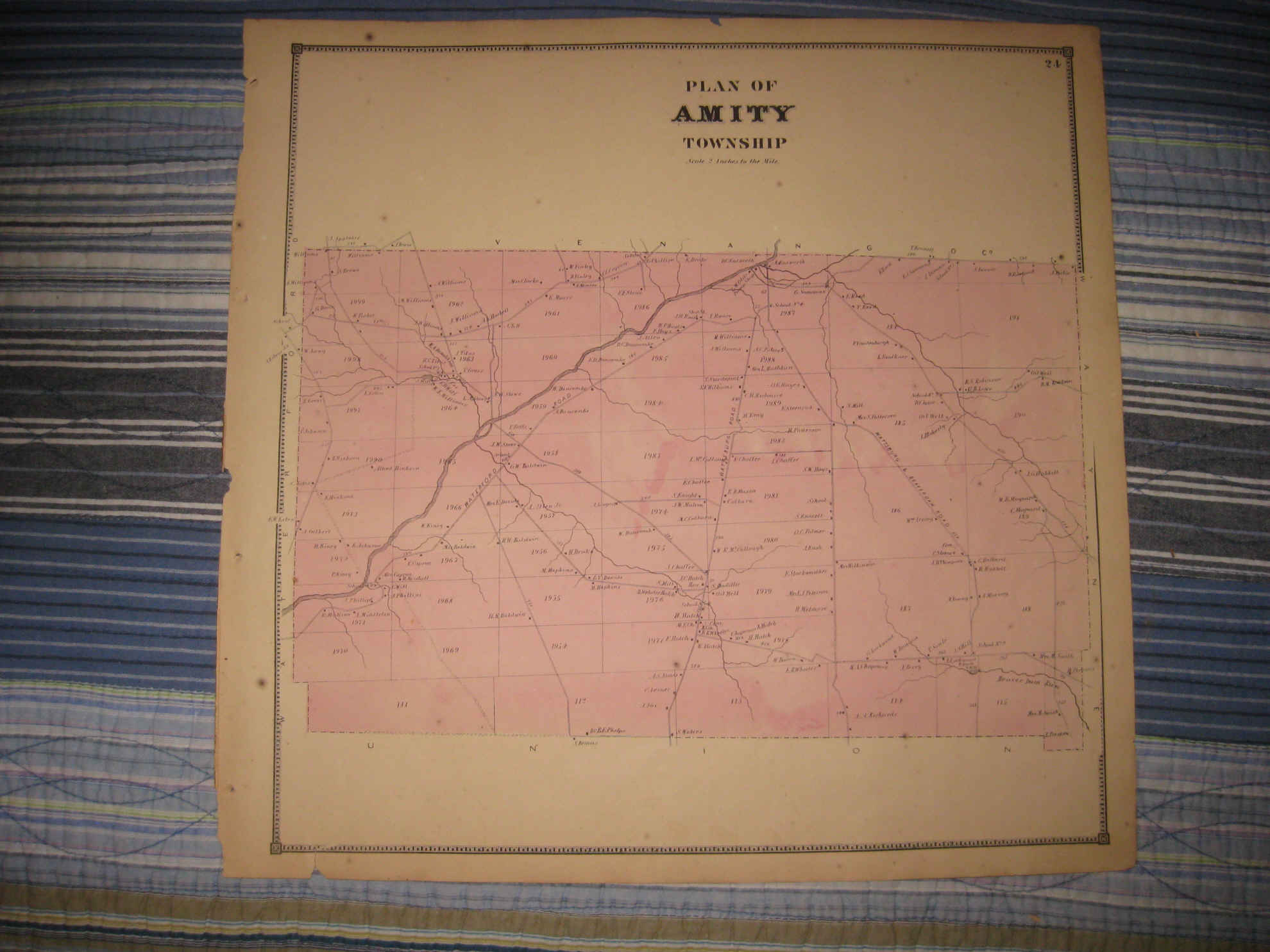 ANTIQUE 1865 AMITY TOWNSHIP ERIE COUNTY PENNSYLVANIA HANDCOLORED MAP