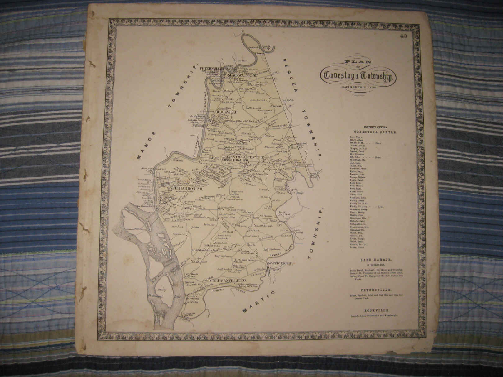 ANTIQUE 1864 CONESTOGA TOWNSHIP LANCASTER COUNTY PENNSYLVANIA MAP SAFE ...