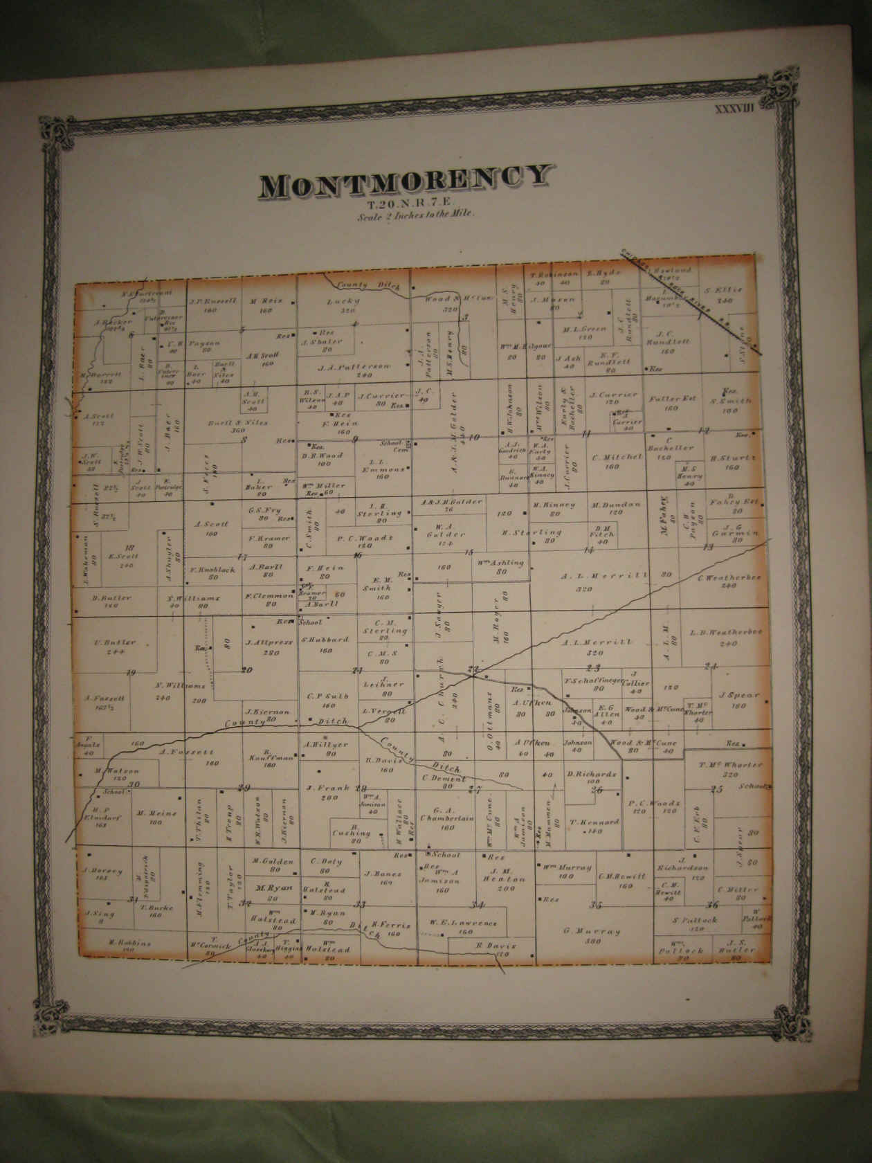 ANTIQUE 1872 MONTMORENCY TOWNSHIP WHITESIDE COUNTY ILLINOIS HANDCOLORED