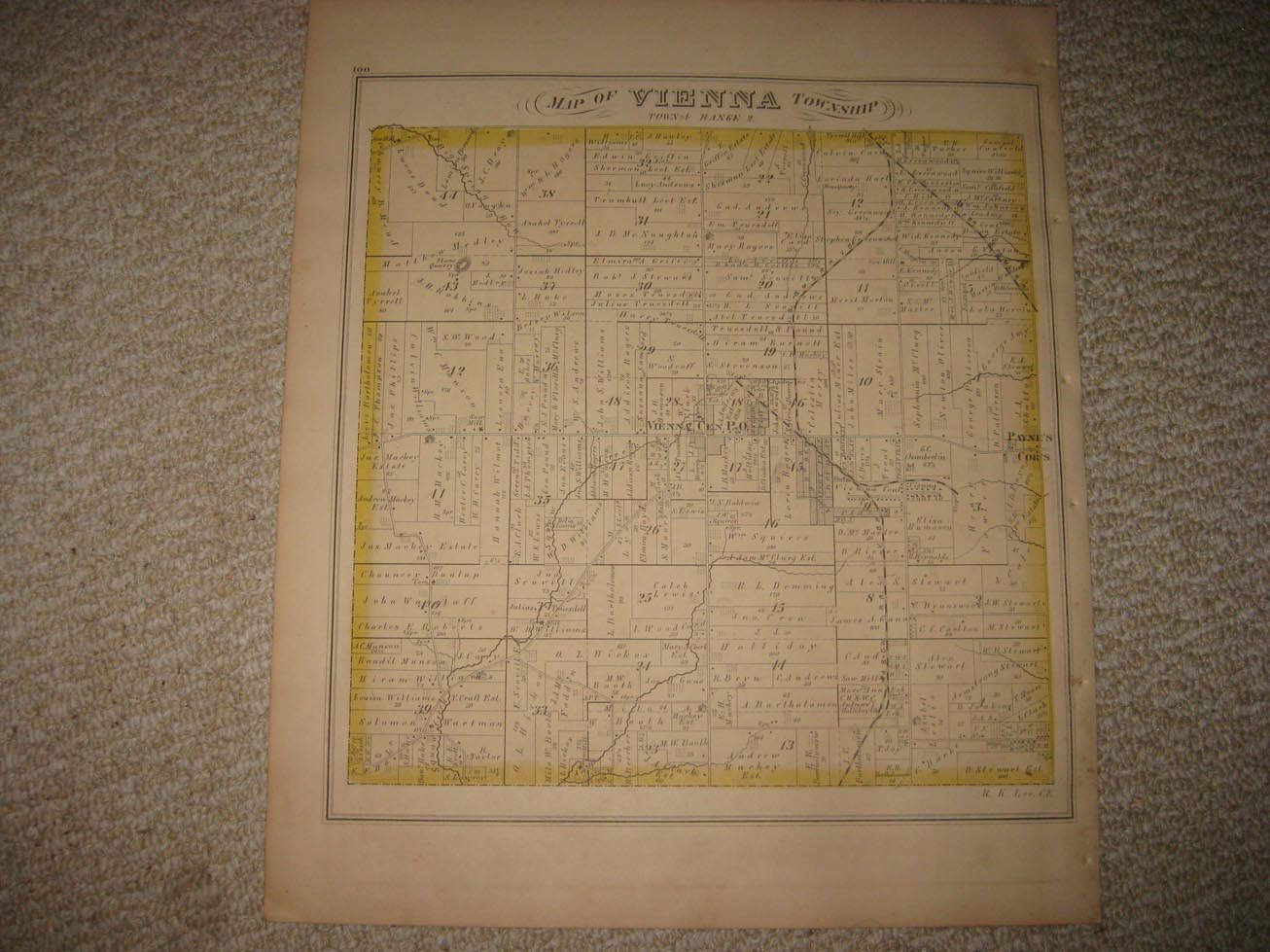 ANTIQUE 1874 VIENNA TOWNSHIP TRUMBULL COUNTY OHIO HANDCOLORED MAP