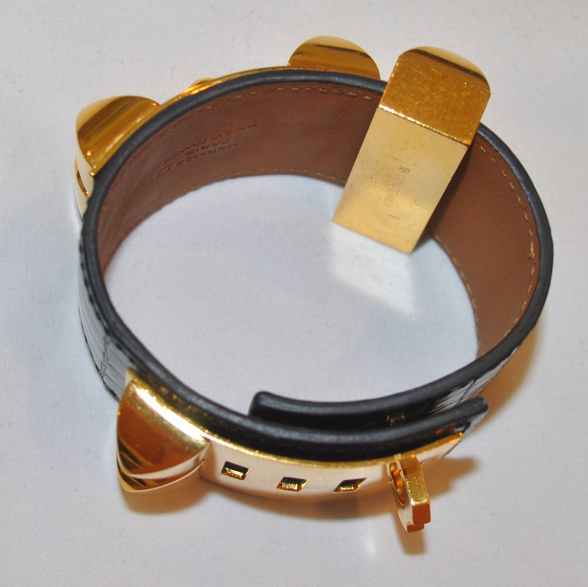 HERMES COLLIER DE CHIEN CDC NOIR SHINY ALLIGATOR CUFF