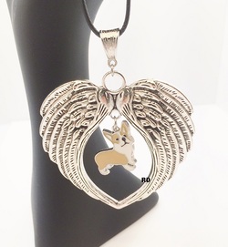 Welsh Corgi Dog  Lovers Angel Wings Memory Leather Necklace