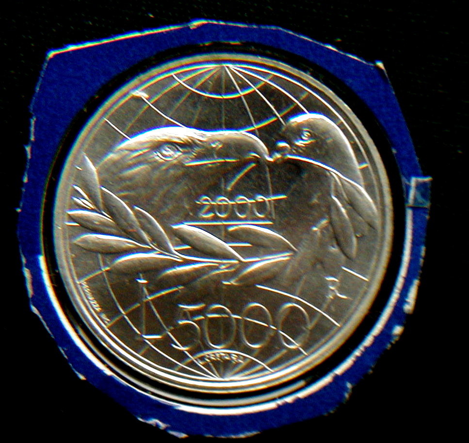 silver coin 5000 Lire UNC Eagle /& Dove in box Italy 2000 SAN Marino