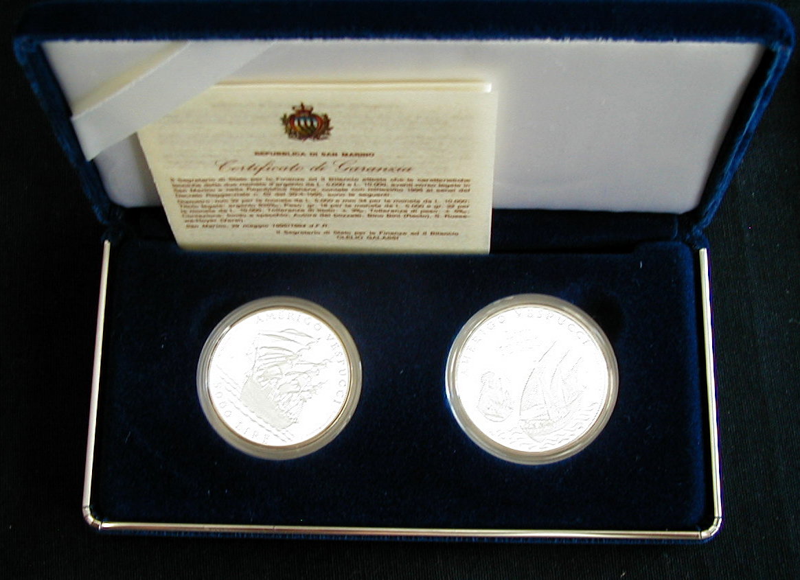 1995 SAN MARINO 2 silver coins 5//10M  UNC//PROOF Italy navigator AMERIGO VESPUCCI