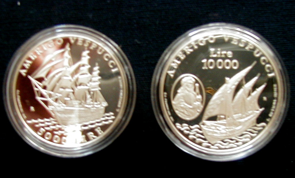 1995 SAN MARINO 2 silver coins 5//10M  UNC//PROOF Italy navigator AMERIGO VESPUCCI