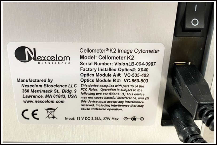 Nexcelom Cellometer K2 Dual Flourescence Image Cell Counter w