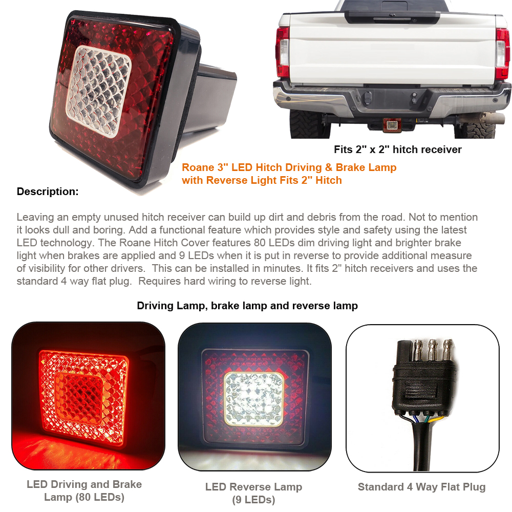 LED Hitch Receiver Cover Driving Brake & Reverse Light Fits 2" Hitch