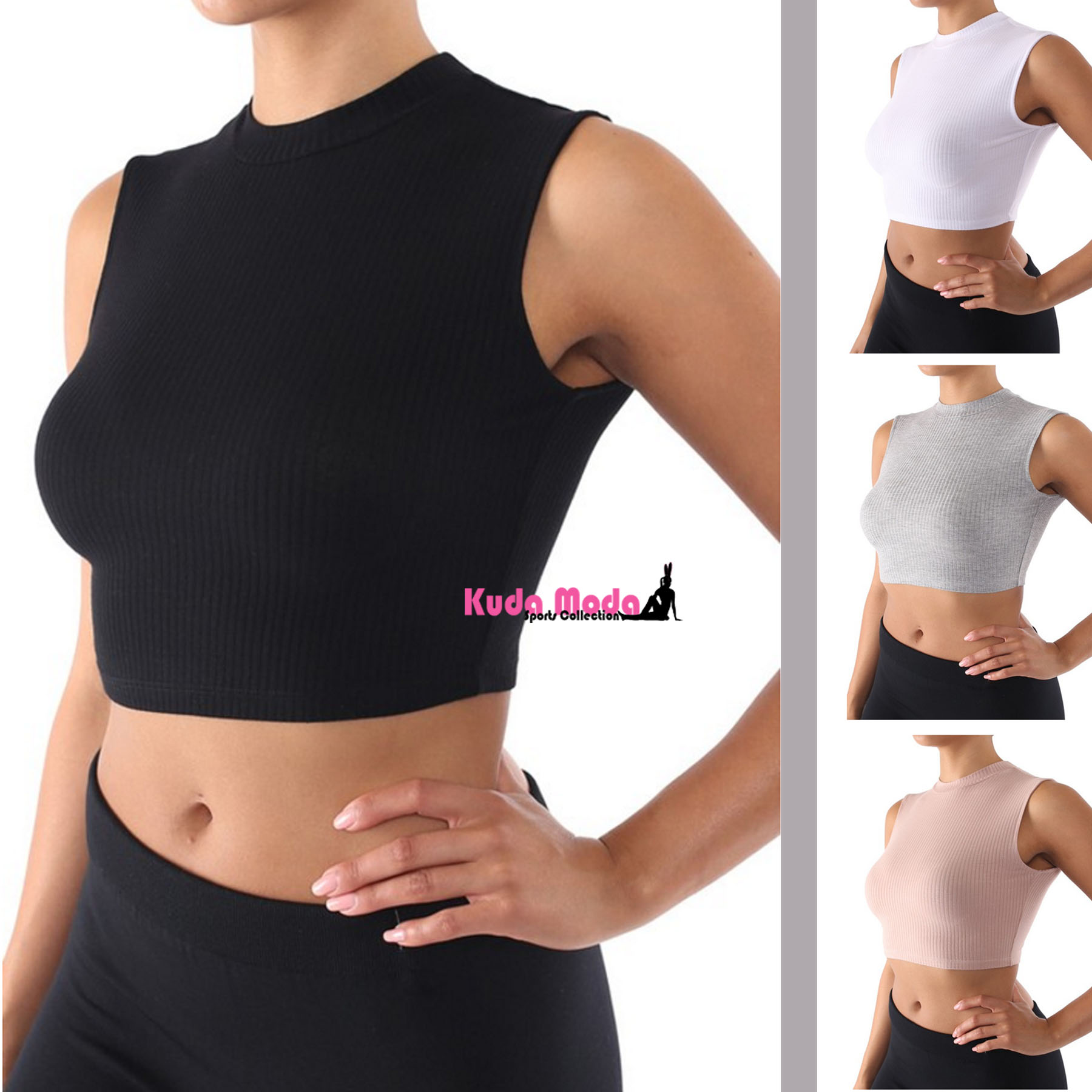 Women Ladies Sleeveless Ribbed Crop Top Round Neck Belly Light Weight T