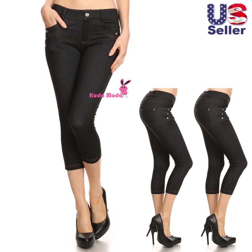Women' Rhinestones Button Capri Jeans Look Jeggings Soft Skinny Stretch  Pants | eBay