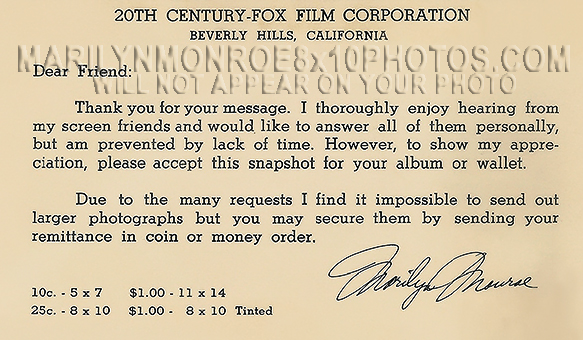 MARILYN MONROE FAN PHOTO REQUEST(1) RARE 8x10 PHOTO