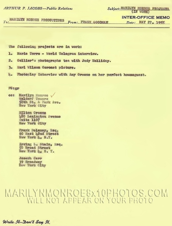 MARILYN MONROE INTER OFFICE MEMO (3) RARE 8x10 PHOTOS 