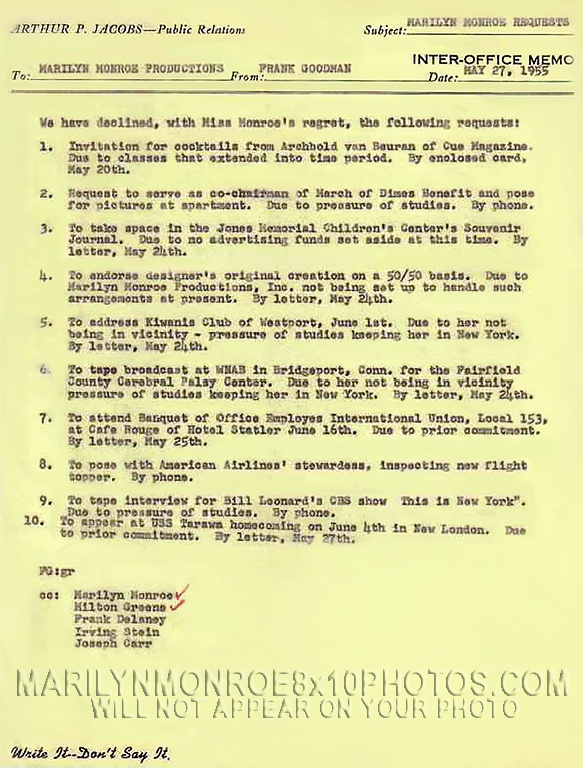 MARILYN MONROE INTER OFFICE MEMO (3) RARE 8x10 PHOTOS