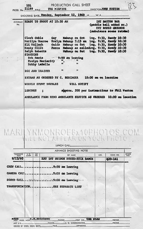 MARILYN MONROE MISFITS PROD CALLSHEET (1) RARE 8x10 PHOTO