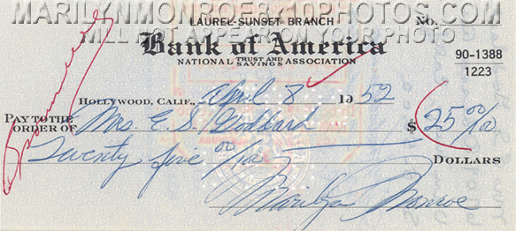 MARILYN MONROE SIGNED BANK CHECKS (3) RARE 8x10 PHOTOS