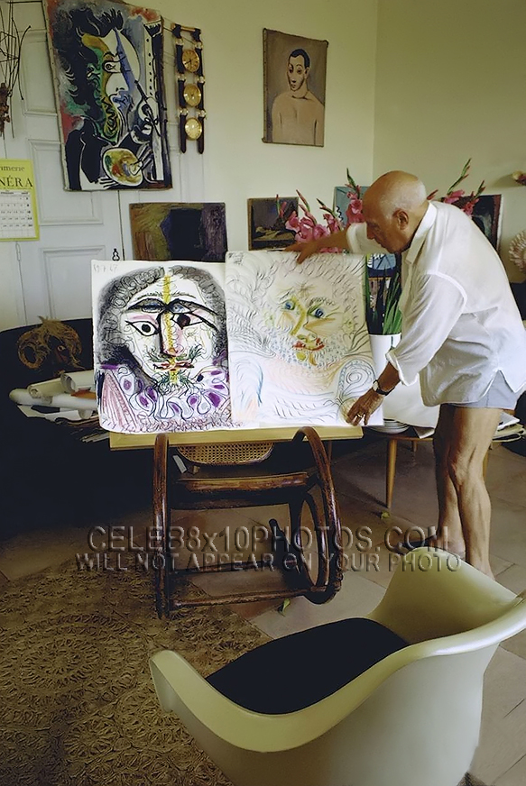 PABLO PICASSO AT HOME with PAINTINGS (3) RARE 8x10 PHOTOS