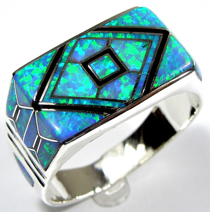 Handcrafted Blue Fire Opal & Onyx Inlay 925 Sterling Silver Men's Ring ...