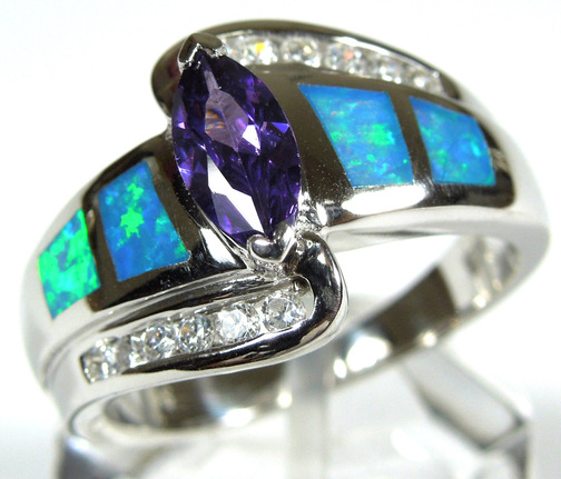 18k Gold Plated Sterling Silver with Tanzanite & Blue Fire Opal Inlay Ring 6-9 