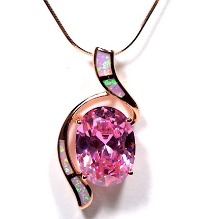 18k Rose Gold Plated 925 Silver Pink Fire Opal & Topaz Pendant Necklace