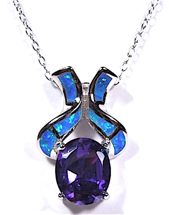 3.80 Carat Tanzanite & Blue Fire Opal Inlay 925 Sterling Silver Pendant Necklace