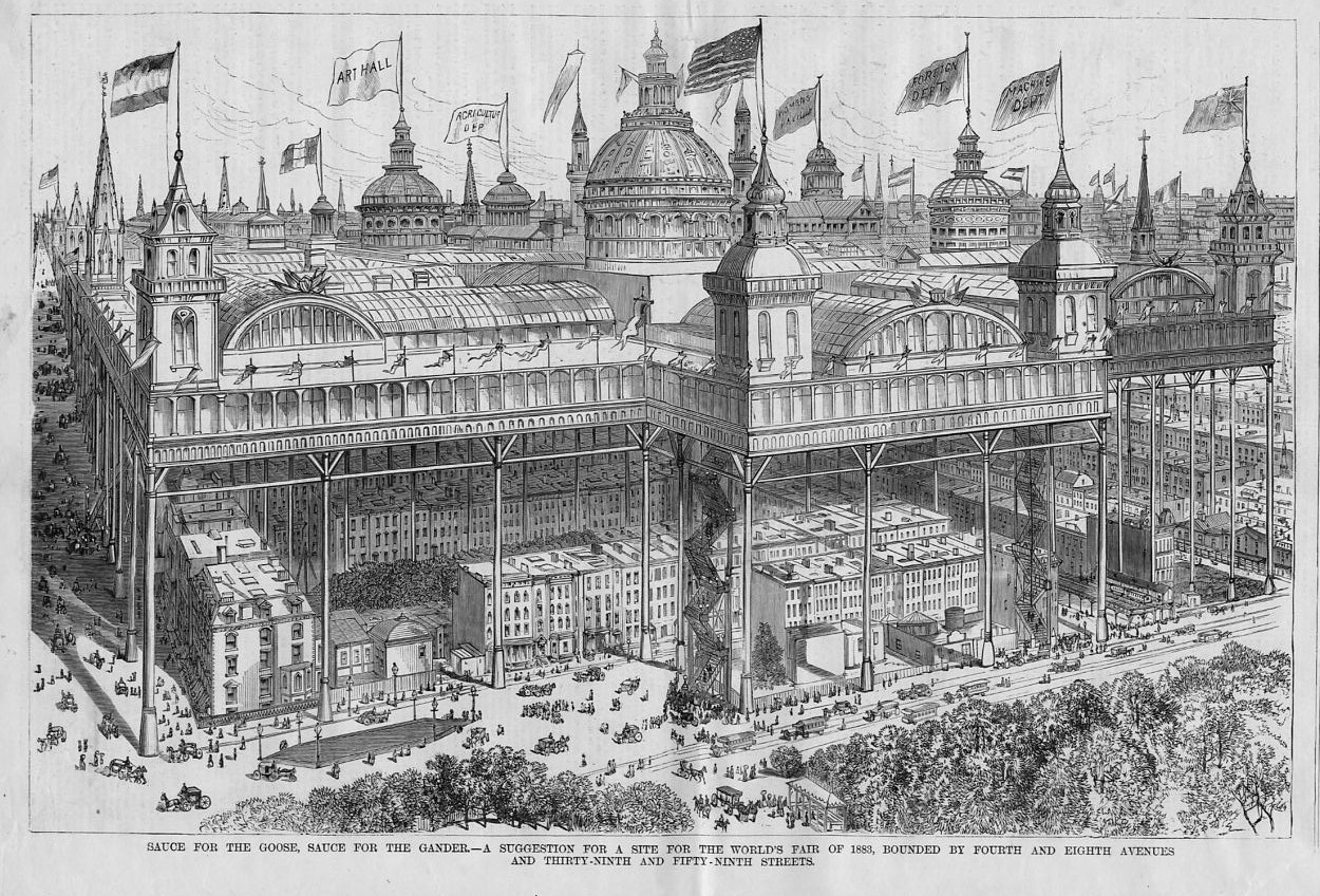 WORLDS FAIR SUGGESTED SITE IN 1883 STREETCARS HORSES CARRIAGES ...