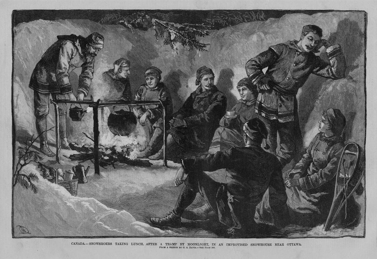 OTTAWA CANADA SNOWSHOERS MOONLIGHT TRAMP CAMPFIRE LUNCH SNOWHOUSE