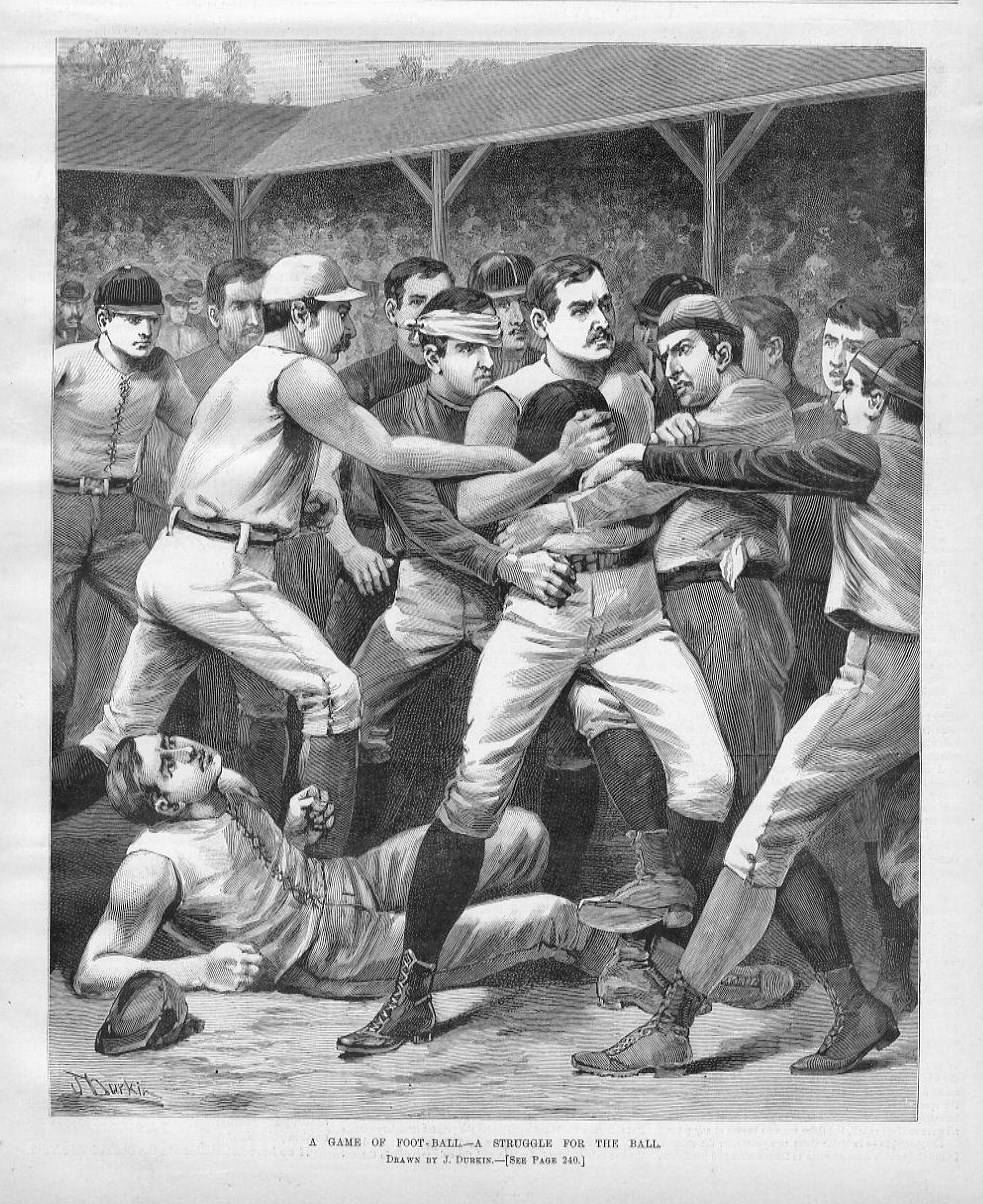 COLLEGE FOOTBALL IN 1889 STRUGGLE FOR THE BALL GRANDSTANDS SPECTATORS