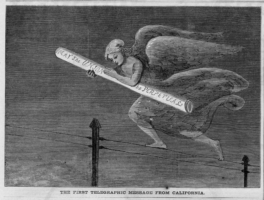 First Telegraphic Message From California Cherub On Telegraph Wires