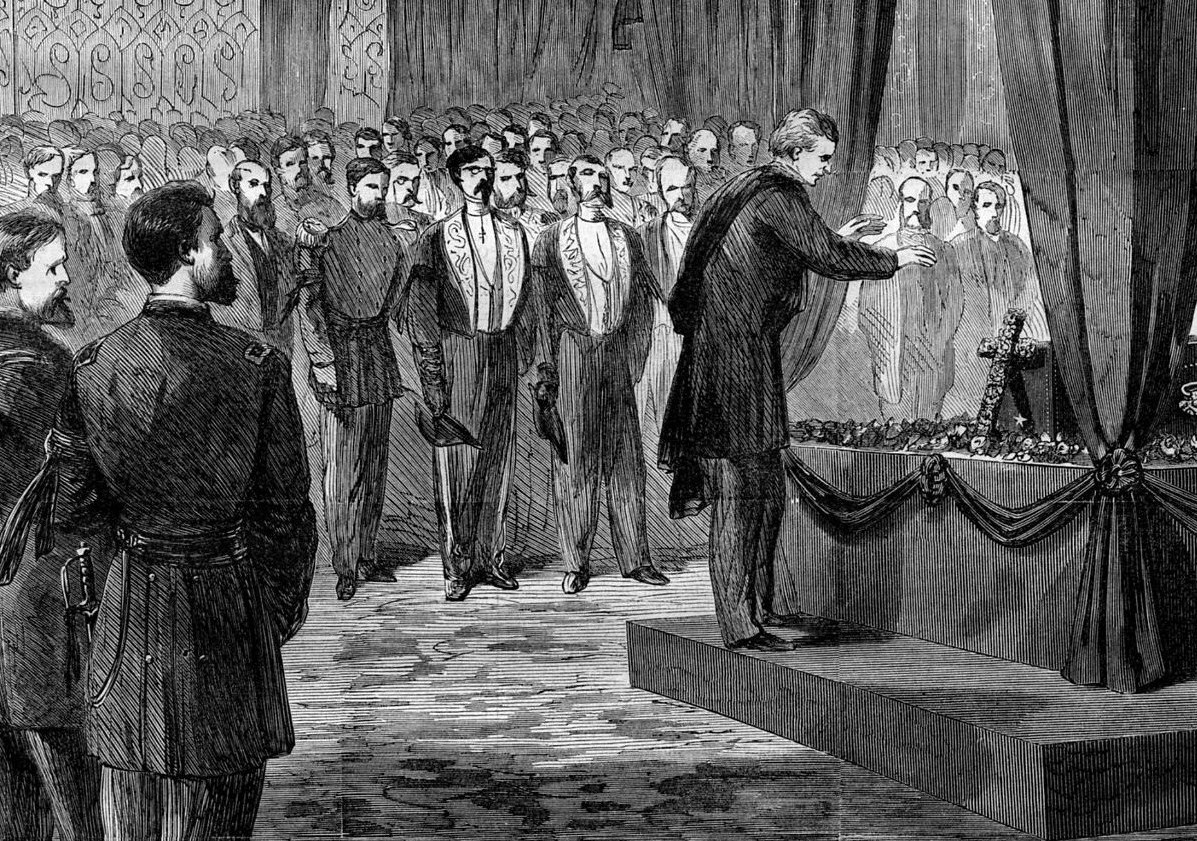 PRESIDENT LINCOLN,S FUNERAL SERVICE AT THE WHITE HOUSE, COFFIN, CASKET ...