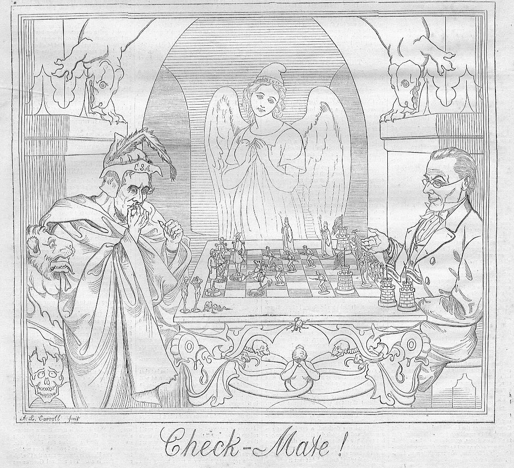 CHESS UNCLE SAM AND DAVIS THE SPIRIT OF TREASON PLAYING CHESS LIBERTY GODDESS