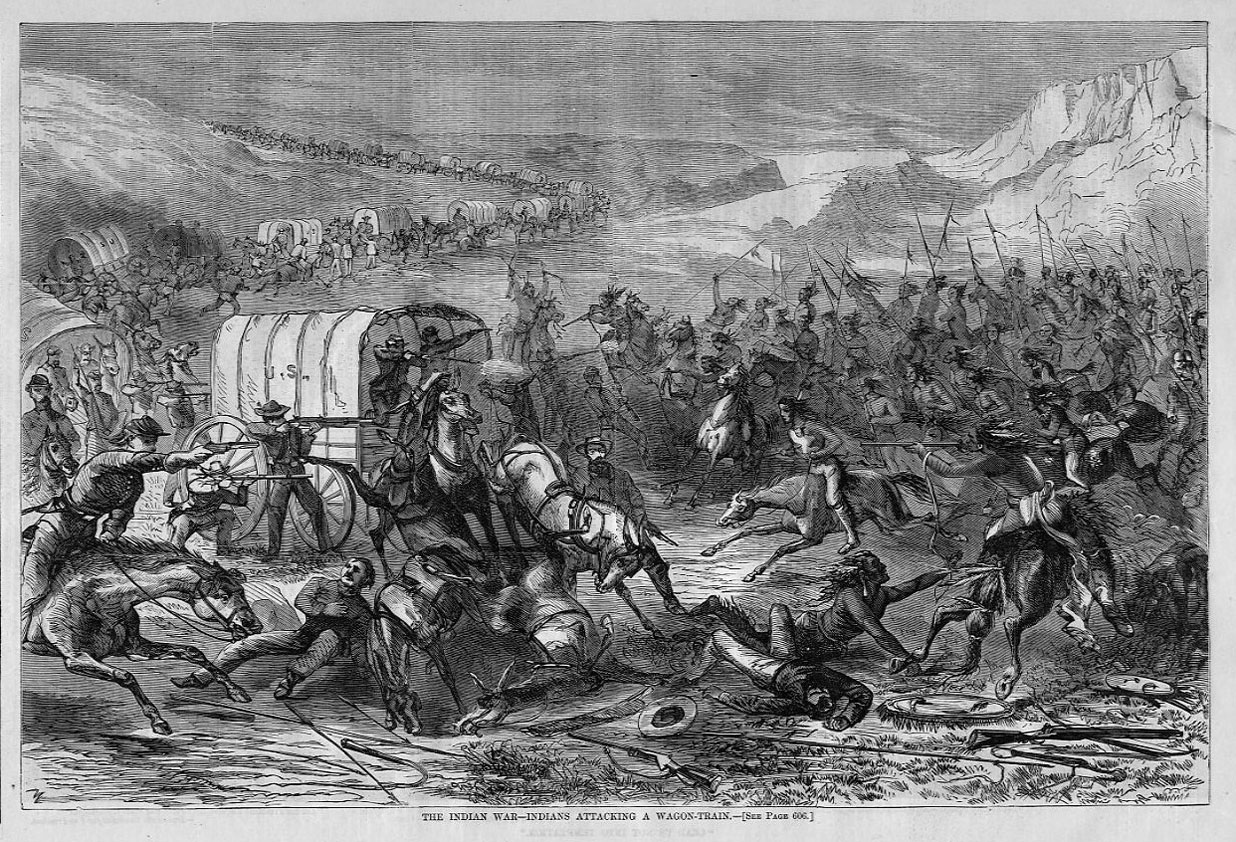 INDIAN WAR HORSES GUNS INDIANS SPEAR ATTACKING WAGON TRAIN CAVALRY ...