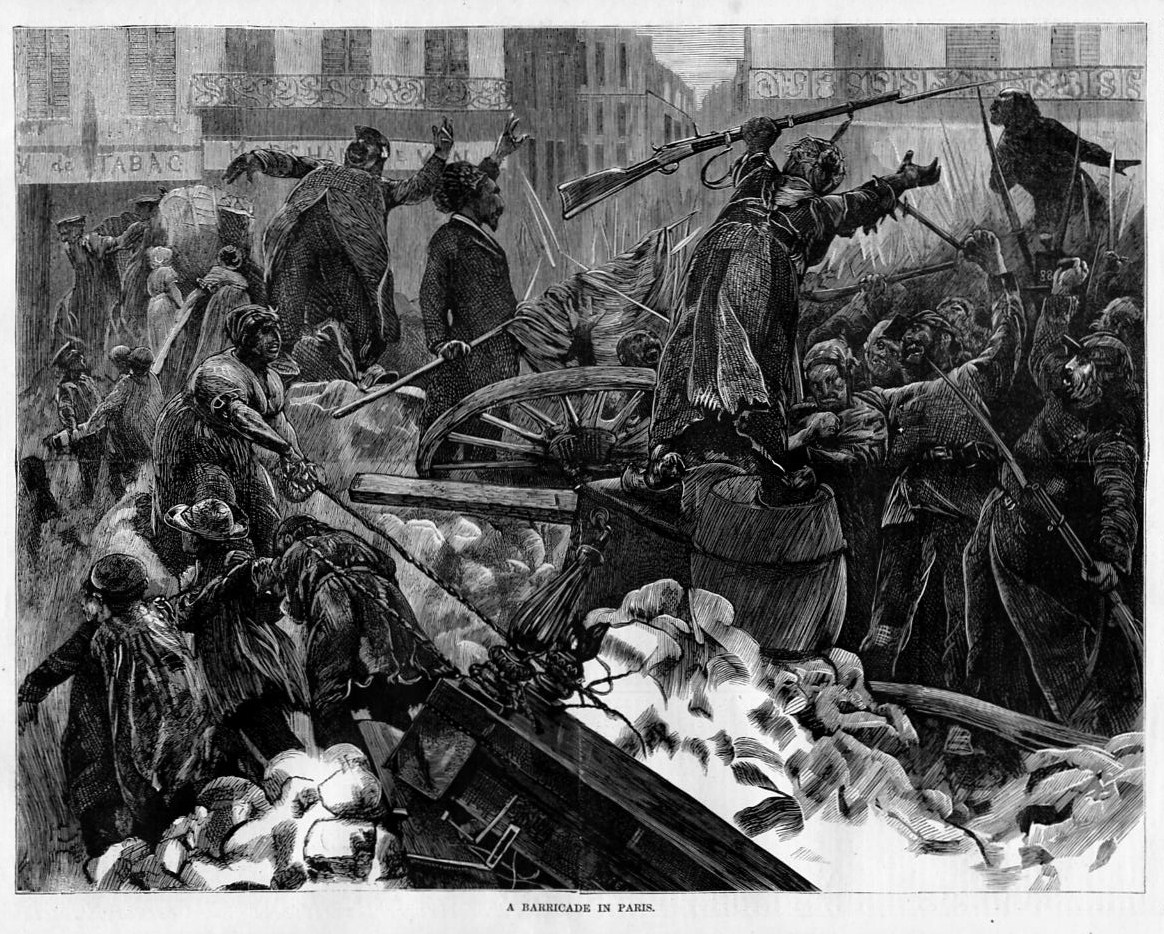 BARRICADE IN PARIS MOB BUILDS STREET FORTIFICATION PARISIAN