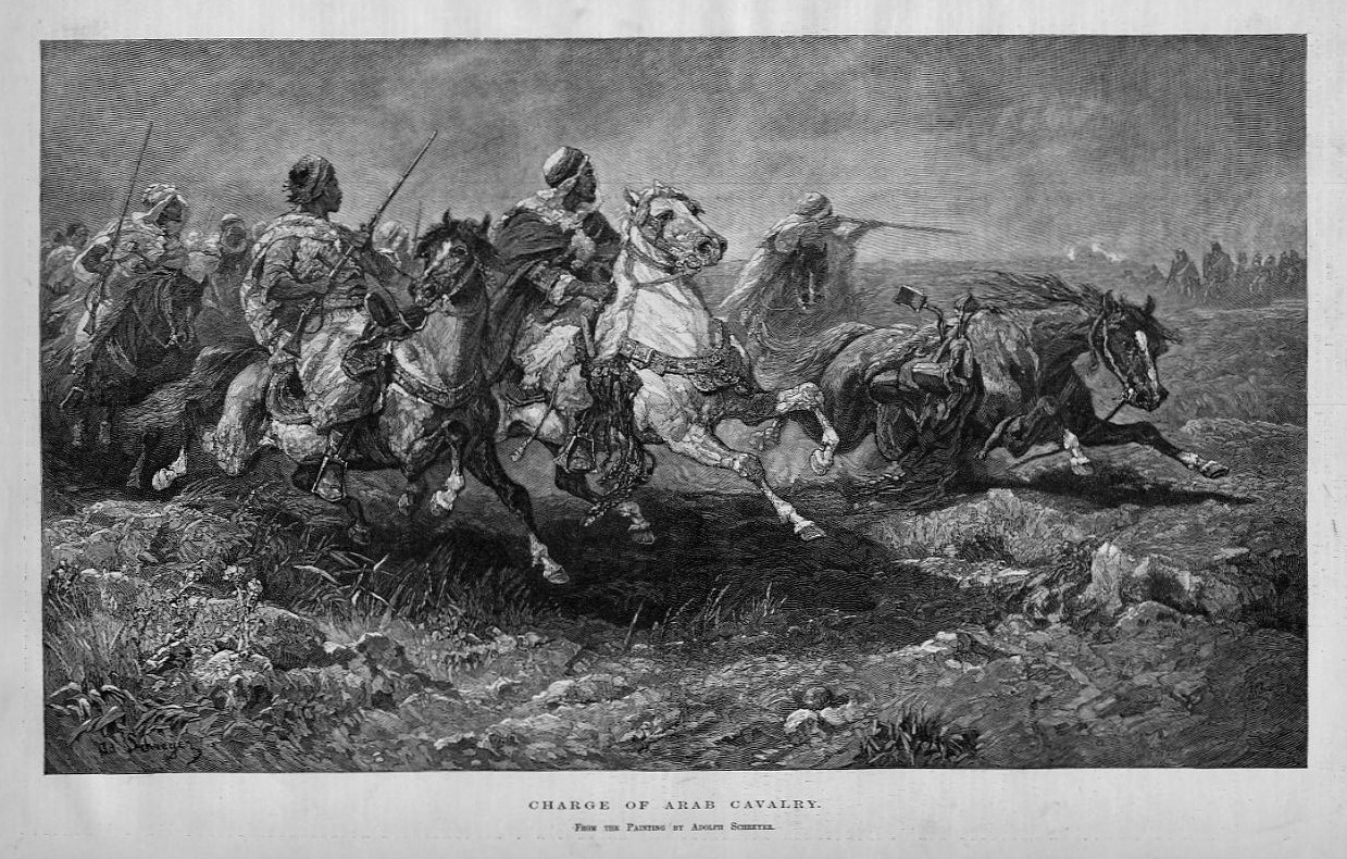 HORSES CHARGE OF ARAB CAVALRY 1882 ANTIQUE ENGRAVING ARABIAN HORSE