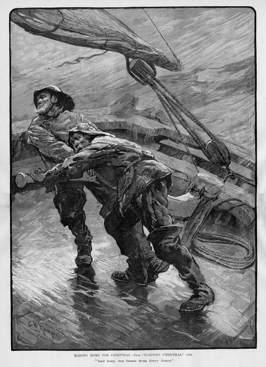 SAILORS MAKING HOME FOR CHRISTMAS IN A STORM METEOROLOGY SAIL BOAT RAIN