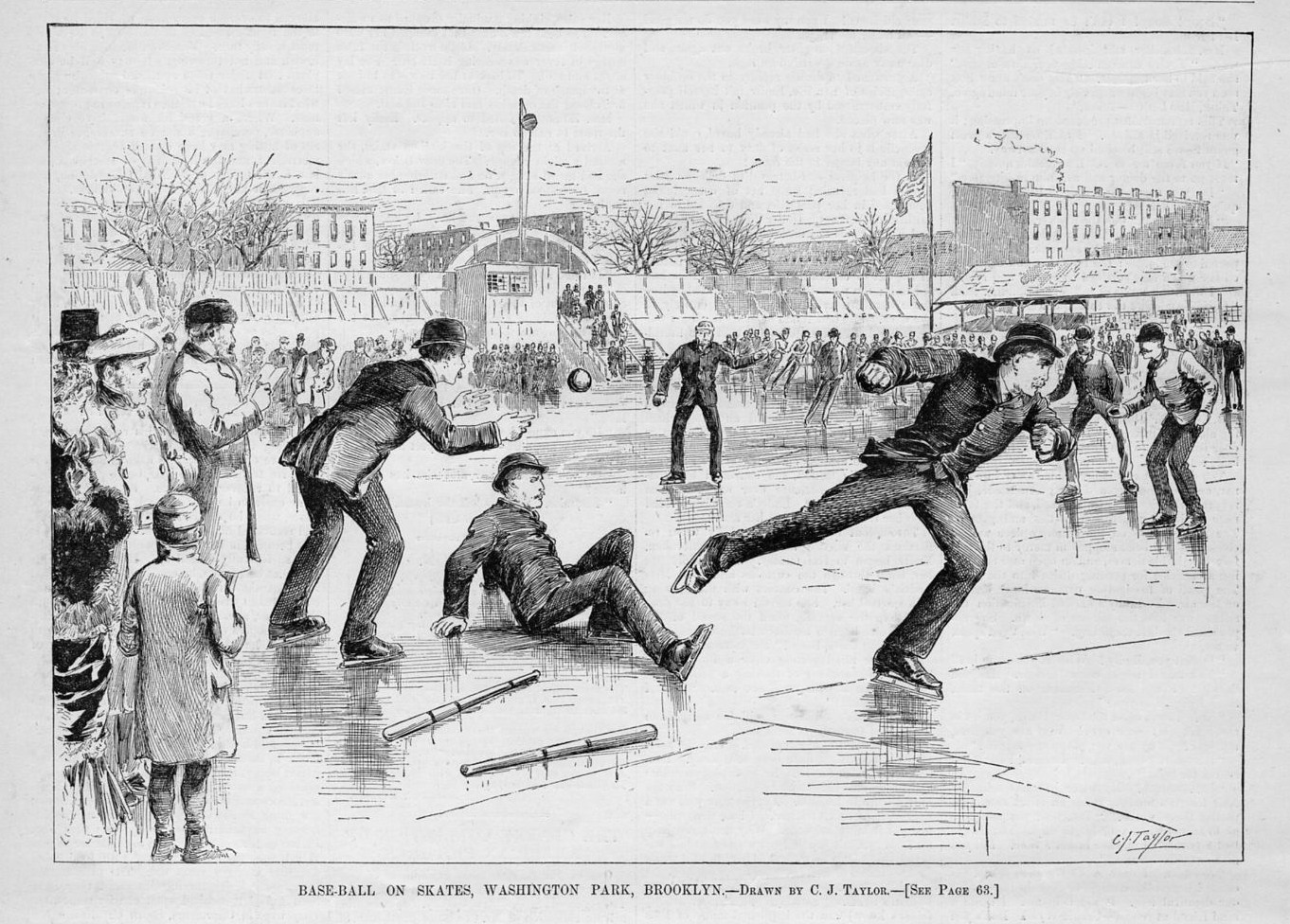 BASE-BALL ON SKATES WASHINGTON PARK BROOKLYN SPORTS SPECTATORS 1884 BASEBALL