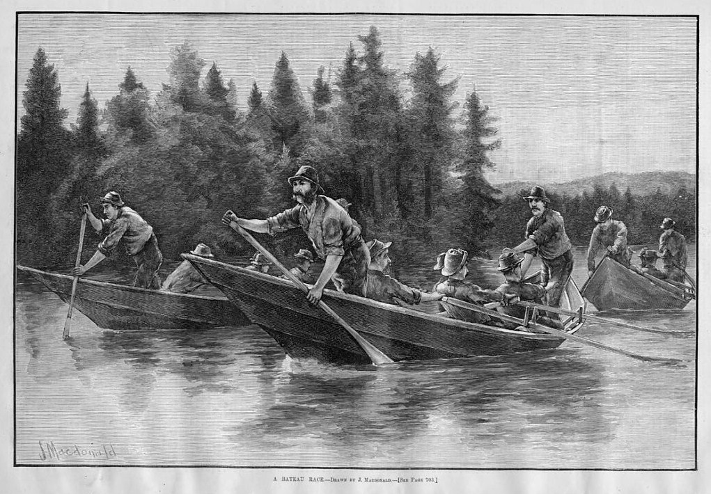 LOGGERS LUMBERJACKS ROWING PADDLING OARS BATEAU BOAT RACE 1886 LOGGING ...