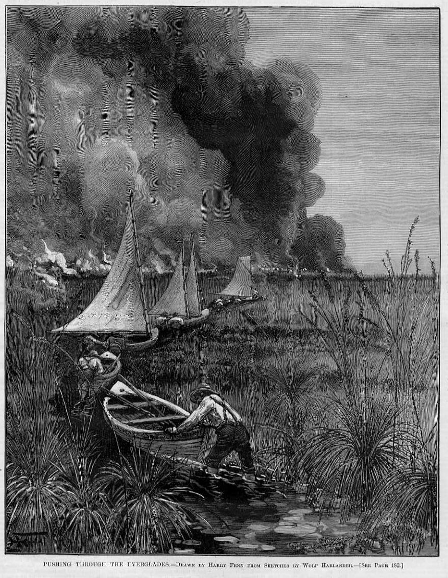 FLORIDA EVERGLADES PUSHING SAILBOATS THROUGH EVERGLADES FIRE SMOKE BOAT FLORIDA